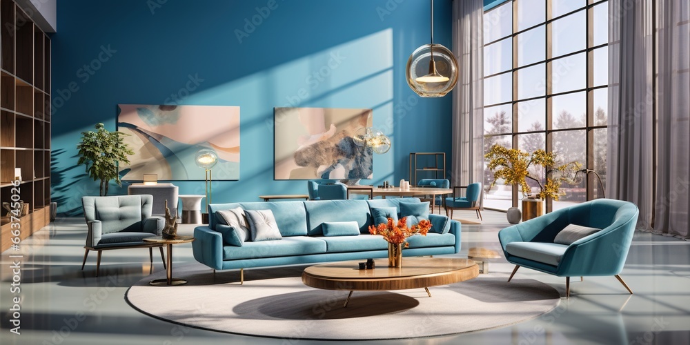The interior accent color is celeste. furnishings and walls in shades ...
