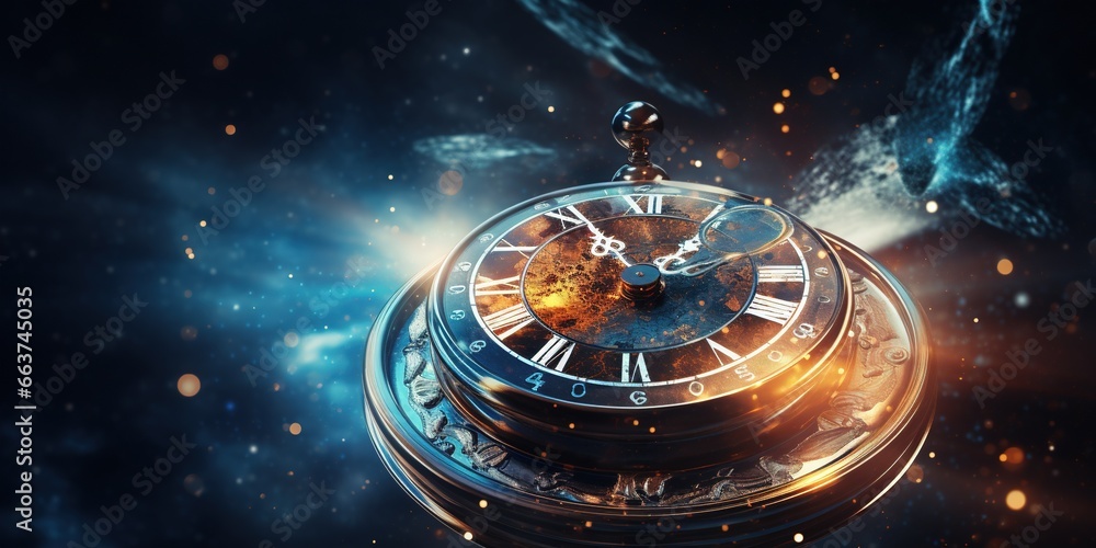 Time travel concept. Time travel clock in cosmos space