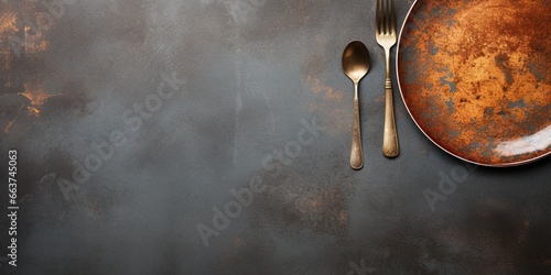 Top view of An empty plate with cutlery on a dark concrete background photo