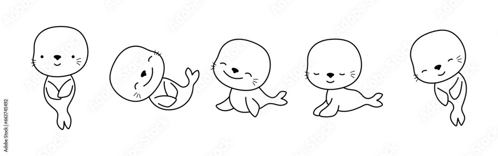 Set of Isolated Kawaii Seal Coloring Page. Cute Vector Kawaii Animals