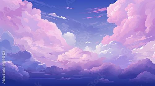 Purple and pink sunset sky illustration. evening cloudy sky purple background with group of cumulus and cirrus clouds flat