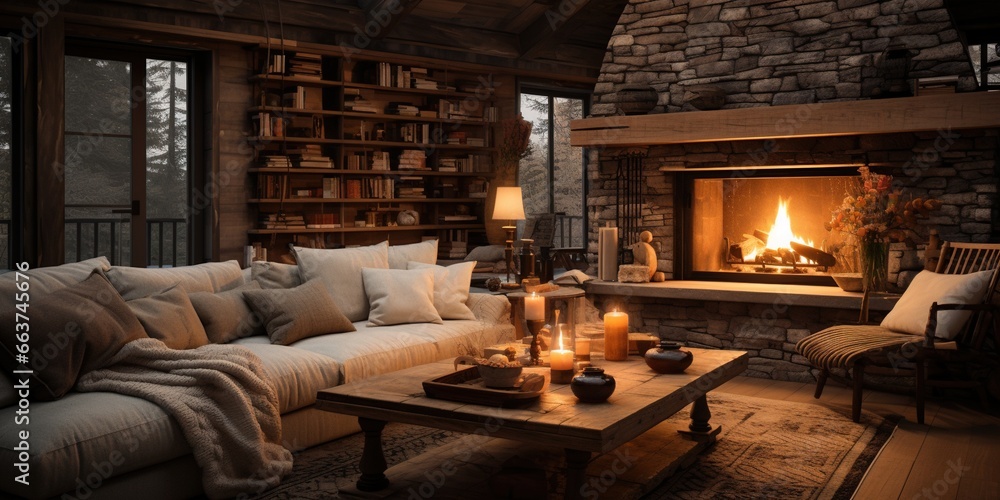 A cozy living room with a fire place.