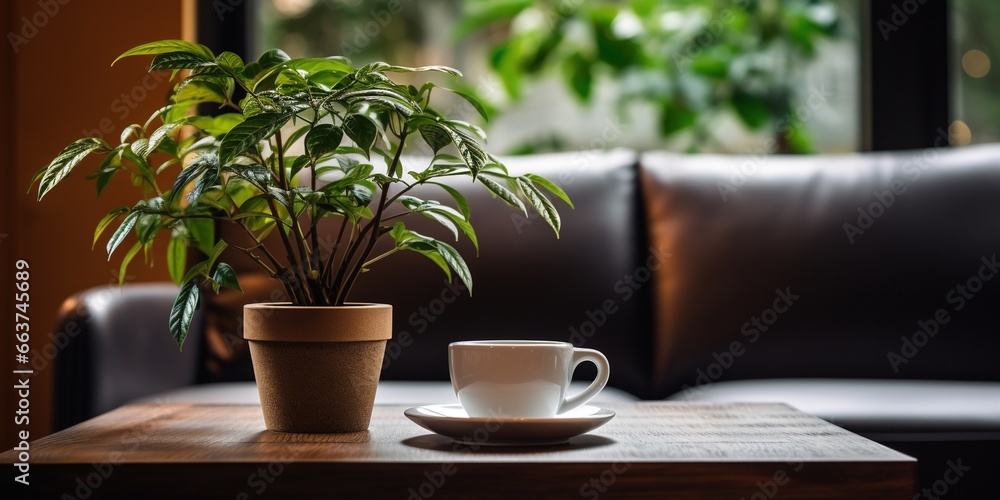A cup of coffee sitting on top of a wooden table next to a couch and a potted plant on top of a wooden table.