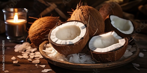 A close up of a plate of coconuts on a table.