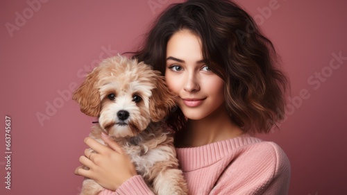Joyful Lady Embracing Adorable Pup in Pink