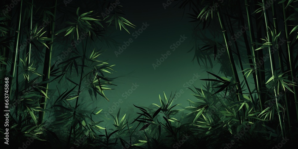 A group of green bamboo trees with leaves on them in the dark. A group of green bamboo trees with leaves on them in the dark.