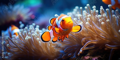 A group of clown fish swimming in an anemone.