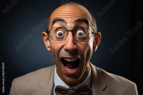 Man with glasses and bow tie making face.