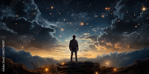A man standing on top of a bed next to a night sky.