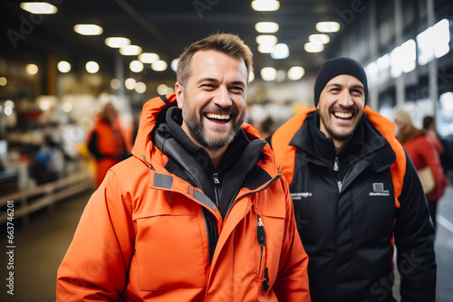 Two men in orange jackets smiling at the camera in store. photo