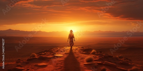 A person walking across a desert with a sunset in the background.