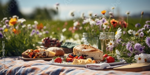 Fototapeta Naklejka Na Ścianę i Meble -  A picnic blanket with food on it in a field of flowers.