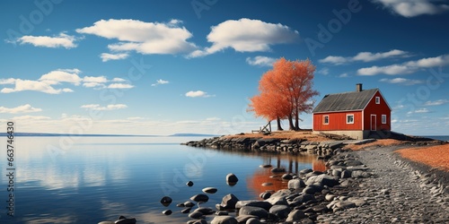 A red house sitting on top of a beach next to a body of water. photo