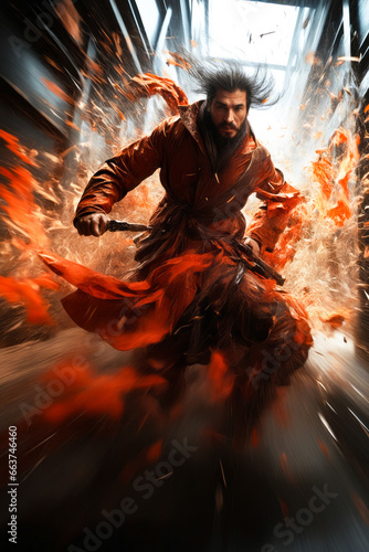 Man in red robe is running through fire. © valentyn640
