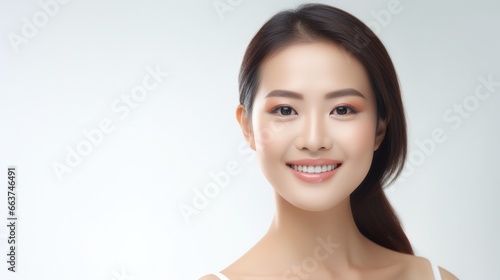 a closeup photo portrait of a beautiful young asian model woman smiling with clean teeth. used for a dental ad. isolated on white background