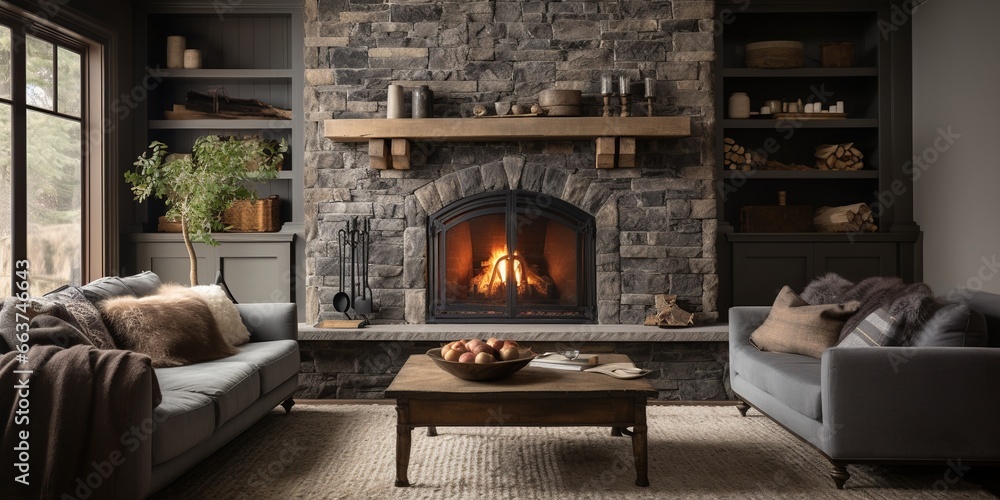 A stone fireplace in a living room next to a couch.