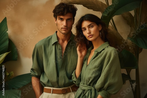 Couple in sustainable fashion, against an earthy tone - Eco-awareness, green fashion trends - AI Generated photo