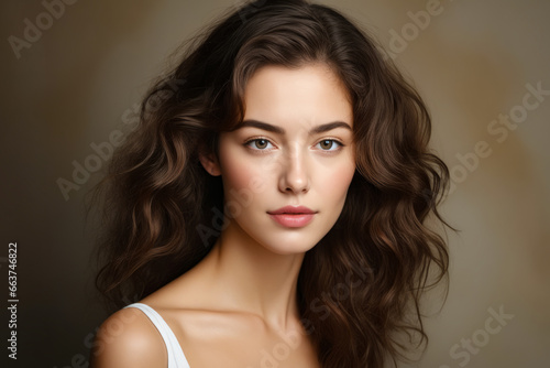 Woman with long hair and white top on brown background.
