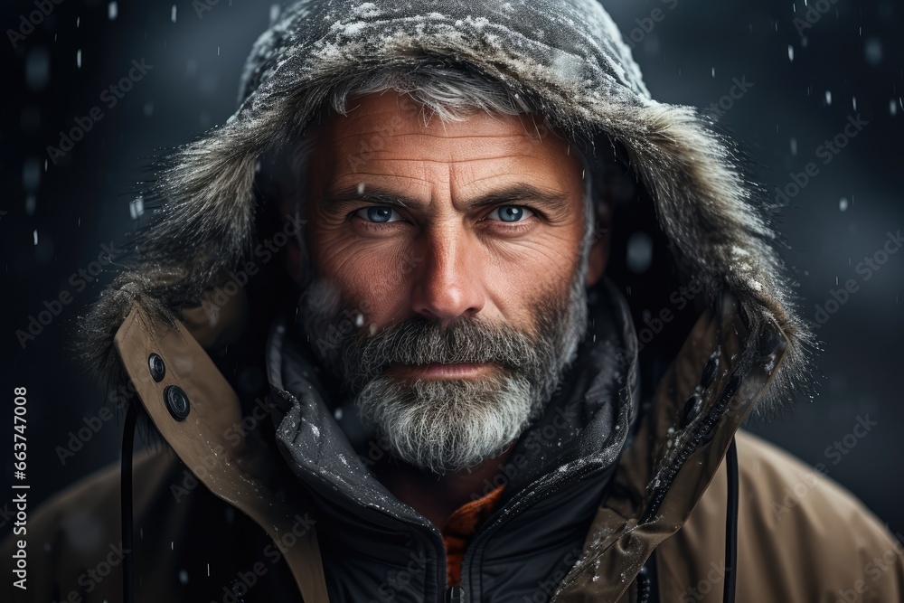 Wintertime Fashion - Man in winter coat, against a cool gray - Prepped for the first snowfall - AI Generated Wintertime Fashion - Man in winter coat, against a cool gray - Prepped for the first snowfall - AI Generated