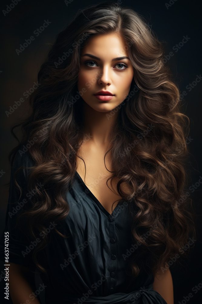 Woman with long hair and black shirt on dark background.