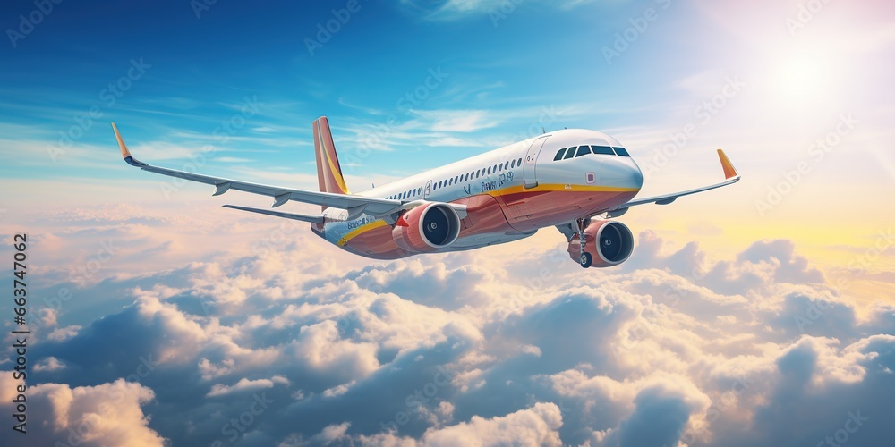 Airplane flying above amazing clouds in clear blue sky with rainbow and sun rays. Concept of traveling, vacation and travel by air transport. Beautiful sky background.