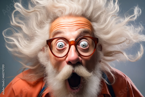 Man with white beard and glasses making surprised face.