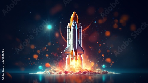 dynamic digital spaceship soaring into the cosmos: abstract rocket launch for business development and boosting concept
