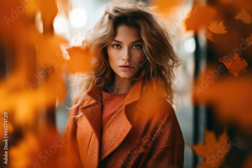 Woman in autumn coat with maple leaves  against an orange hue - Feeling the fall  sensuous warmth - AI Generated