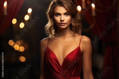 Woman in evening gown, against a rich dark red - Elegance, ready for the festive season - AI Generated