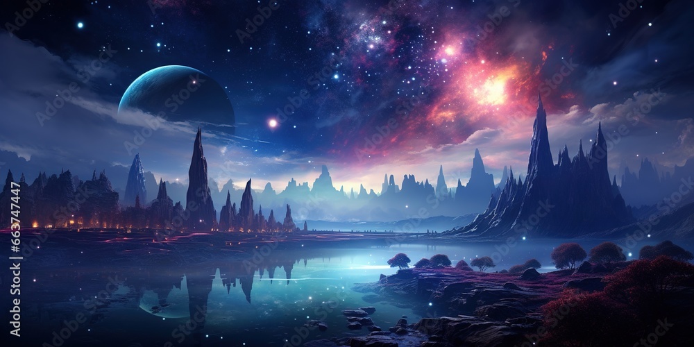 Beauty futuristic Space wallpaper background. Stunning view of a unreal planet with cosmic galaxy and space objects.