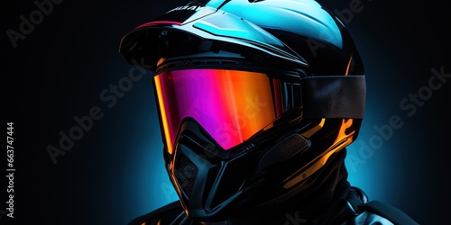 Biker in a neon bright helmet on a dark background. Banner, copy space. photo