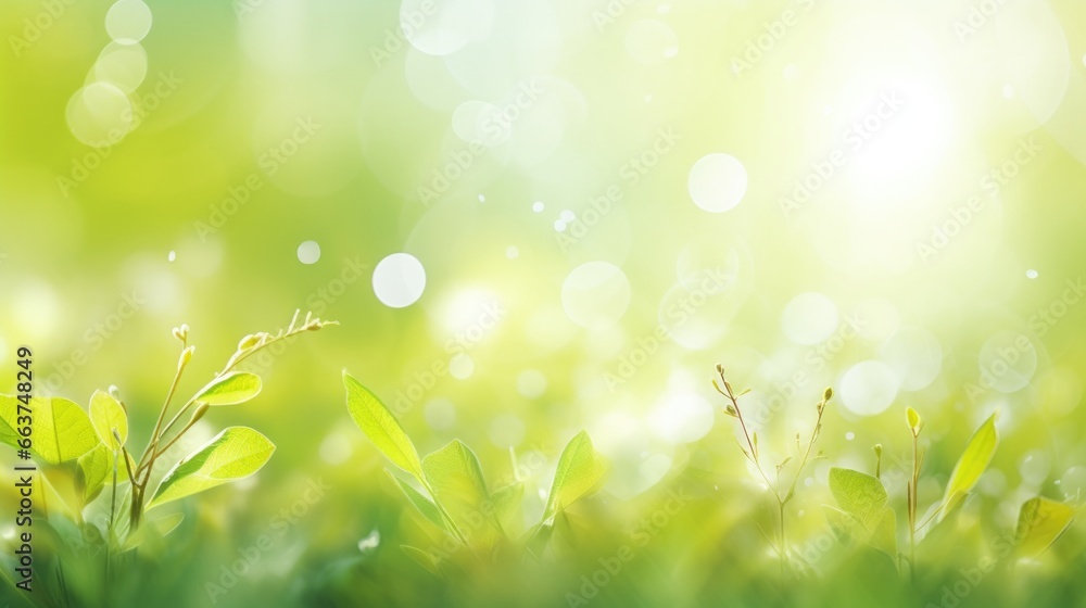 Sunny spring background with blurred grass and leaves and bokeh.