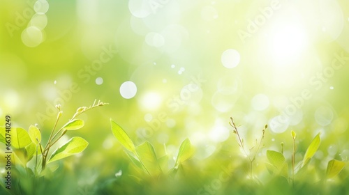 Sunny spring background with blurred grass and leaves and bokeh.