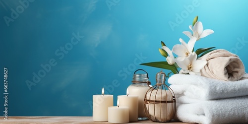 Eco friendly spa relax composition with mockup of natural beauty products, candle and spa accessories on blue background with white flowers. Wellness and skin care treatment. photo
