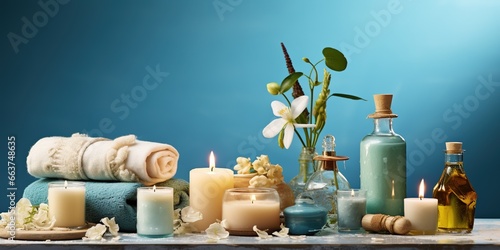 Eco friendly spa relax composition with beauty products, serums, soap, accessories and supplements on blue background. Wellness and skin care treatment. Concept of me time and self care.