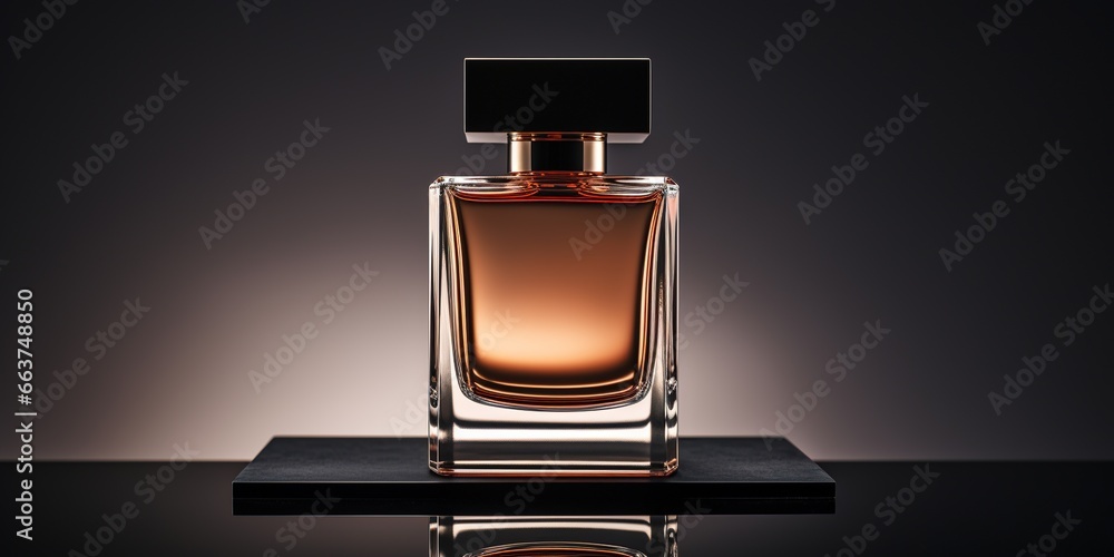 Empty perfume bottle mockup on dark background for cosmetic branding. Empty perfume bottle mockup on dark background for cosmetic branding.