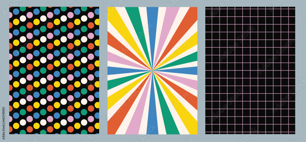 Groovy hippie 70s set. Brutal contemporary figure circle wave patterns, sun, rainbow and checkered texture. Trendy vector backgrounds in retro psychedelic, brutalist style, swiss aesthetic design Groovy hippie 70s set. Brutal contemporary figure circle wave patterns, sun, rainbow and checkered texture. Trendy vector backgrounds in retro psychedelic, brutalist style, swiss aesthetic design