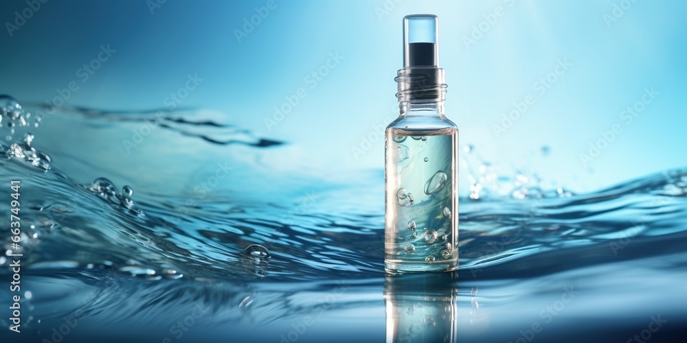 Glass cosmetic dropper bottle with organic moisturizing serum on water surface with waves on blue gradient background. Natural summer beauty product with moisturizing effect. Mockup. Glass cosmetic dropper bottle with organic moisturizing serum on water surface with waves on blue gradient background. Natural summer beauty product with moisturizing effect. Mockup.