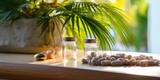 Health care composition with pills and glass of pure water on glass shelf with palm leaves and copy space. Flu season and no virus concept. Mock up of natural vitamins and supplements for good health