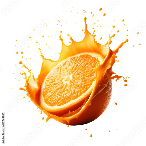 orange with orange splash, fresh orange, orange juice, generated by an Artificial Intelligence
