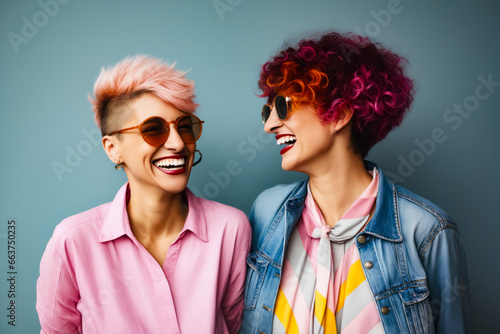 Two women with pink hair and sunglasses smiling at each other.