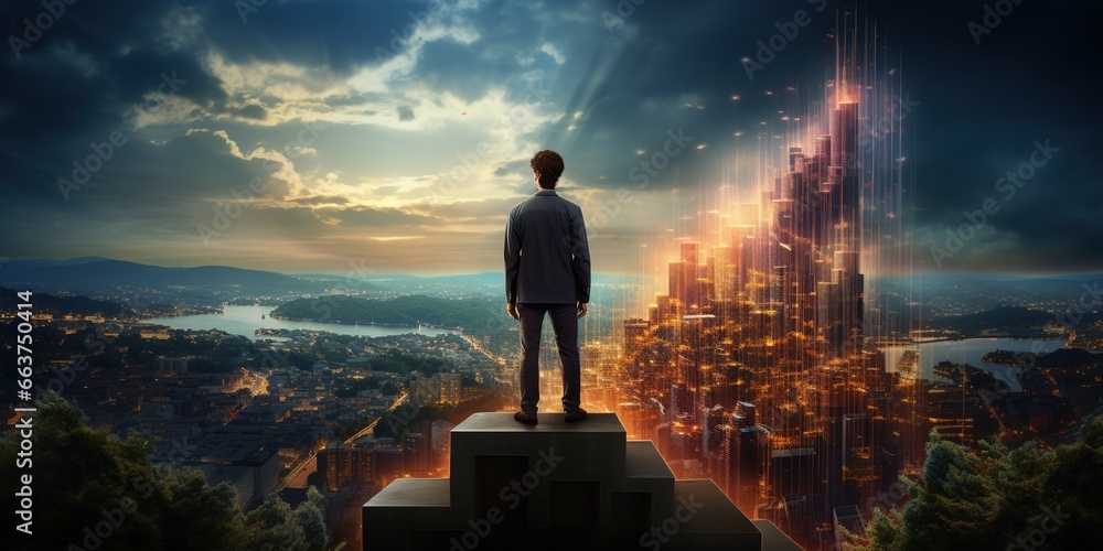 Man standing on stairs looking at growing graphs in city sky - obrazy, fototapety, plakaty 
