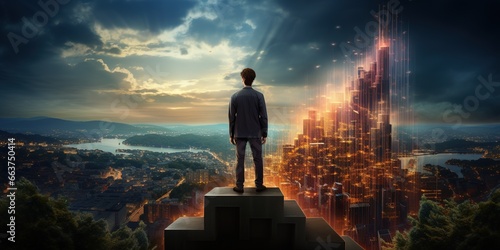 Man standing on stairs looking at growing graphs in city sky