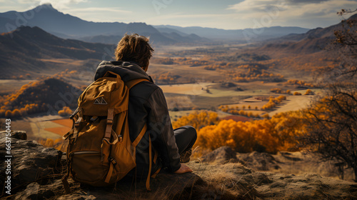 Showcase a hiker taking a break at a mountain overlook with a camping backpack, emphasizing the breathtaking natural vistas that make camping and hiking an adventure.