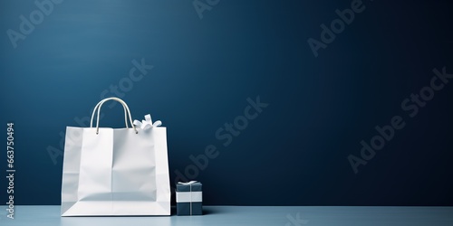 Minimalistic banner with White paper gift bag on a deep blue background with copy space. Concept of sale and shopping. photo