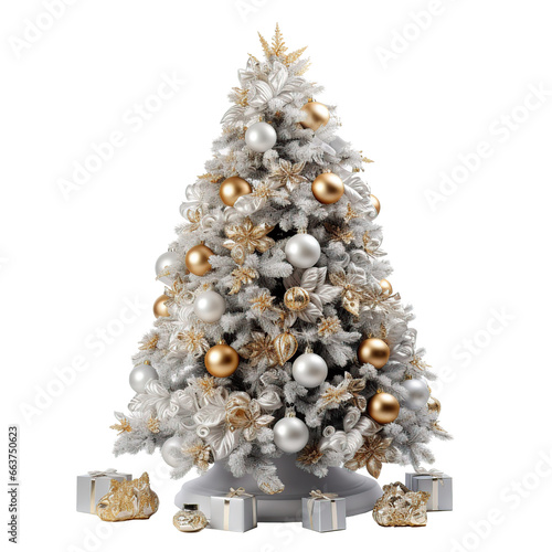 Arbol de navidad decorado con bolas de navidad,espumillon y regalos aislado sobre fondo transparente. photo