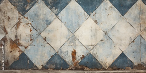 Old blue white rusty vintage worn shabby patchwork checkered chess chessboard lozenge diamond rue motif tiles stone concrete cement wall texture background banner