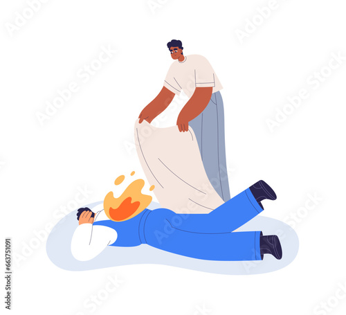 Burning person in fire. First aid, help in ignition, inflammation emergency, ...