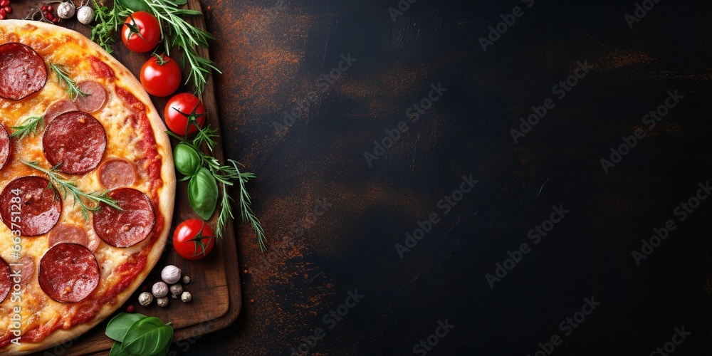 Pizza banner. Natural big pepperoni pizza with thin dough, salami, mozzarella, cherry tomatoes and basil in a craft box on a blue background with copy space. Mediterranean cuisine. Pizza delivery
