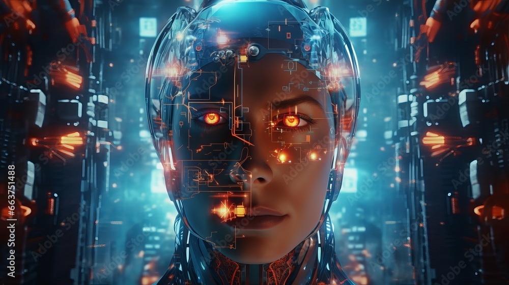 ai cyborg engaged: robot examining virtual hud interface in modern tech frame – machine learning and artificial intelligence concept in computer electronic technology style - obrazy, fototapety, plakaty 